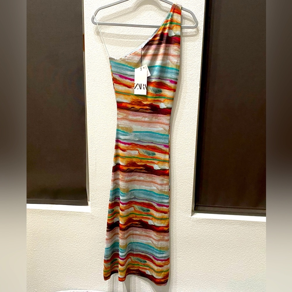 New Zara One Shoulder Body Con Tie Dye Maxi Dress